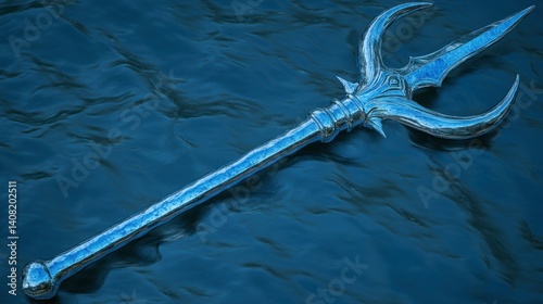 Glacial trident, majestic and sharp, rests on a dark blue surface.  Detailed, polished metal spearhead with three prongs, a smooth shaft and a weighty base