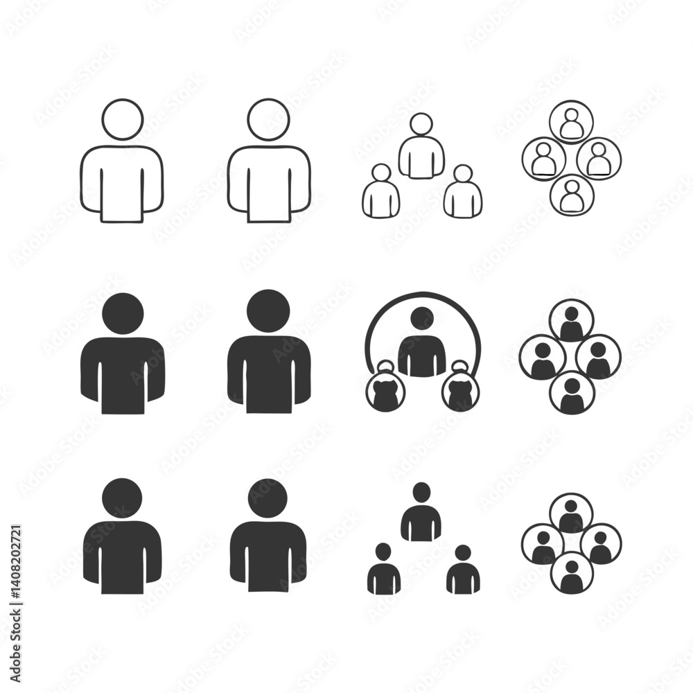 A diverse set of simple human icon variations illustrating connections, teamwork, and individual identity in a clean minimalist style. A diverse set of simple human icon variations illustrating connections, teamwork, and individual identity in a clean minimalist style.