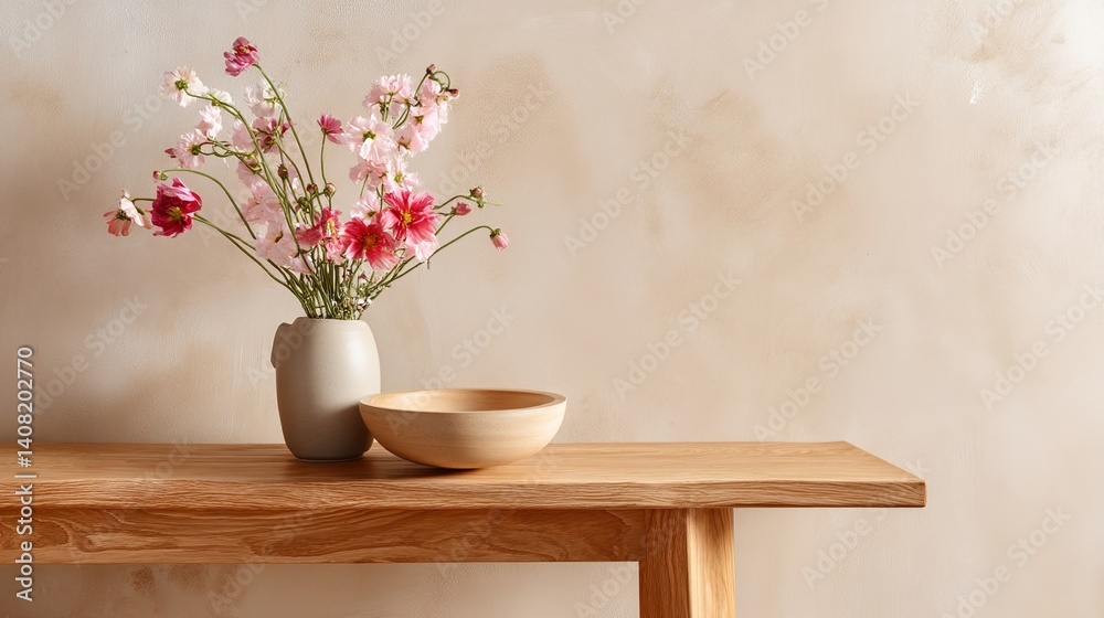 A wooden table with a vase of white flowers and a bowl against a plain wall embodies minimalist home decor. Applications include interior design portfolios or lifestyle brands