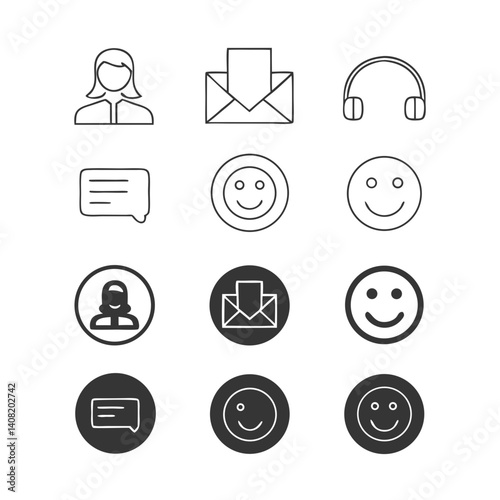 A friendly customer service icon set showcasing communication, support, and happiness with simple line art and dark circle variations.