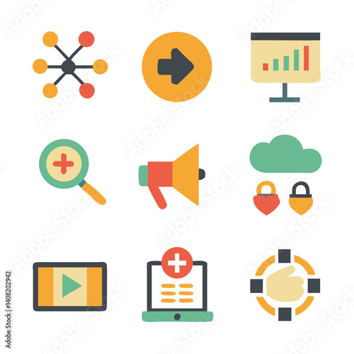 A vibrant collection of colorful icons depicting networking, growth, marketing, security, and content creation, showcasing a playful and modern design aesthetic with flat vector style.