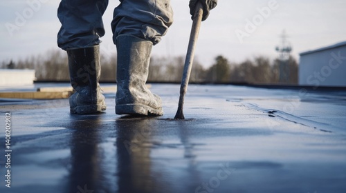 Roofing worker applying protective coating to a flat roof. Featuring weatherproofing and preventative care