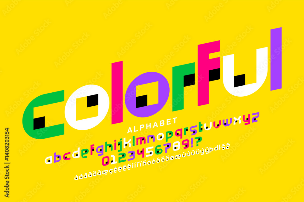 colorful. Playful style font, alphabet letters and numbers vector illustration