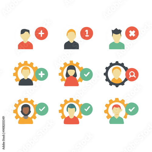 Diverse team members joining, being approved, and managed within a vibrant, efficient system. Flat design icons showcase the process.