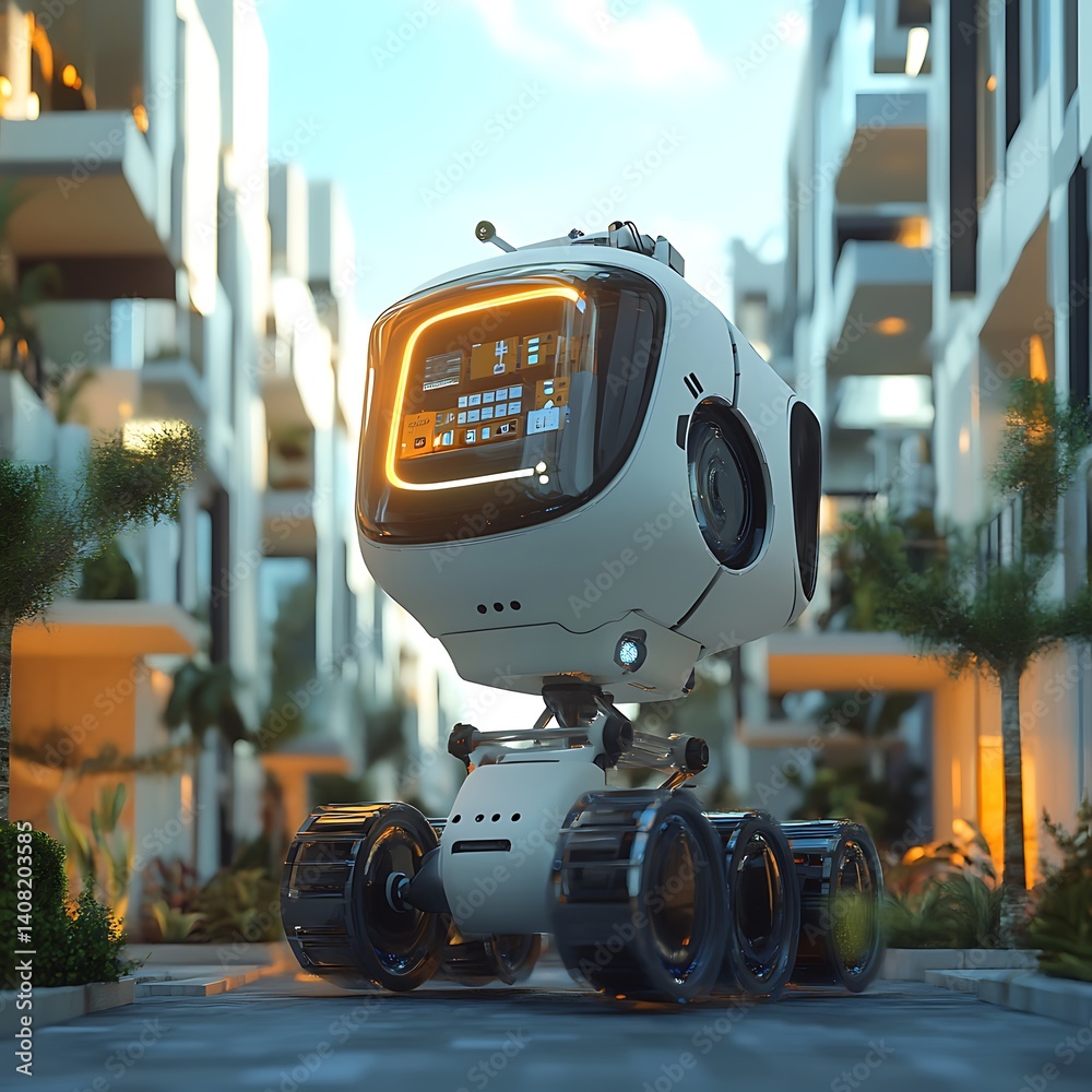 Advanced autonomous delivery system navigating modern futuristic city landscape high resolution picture