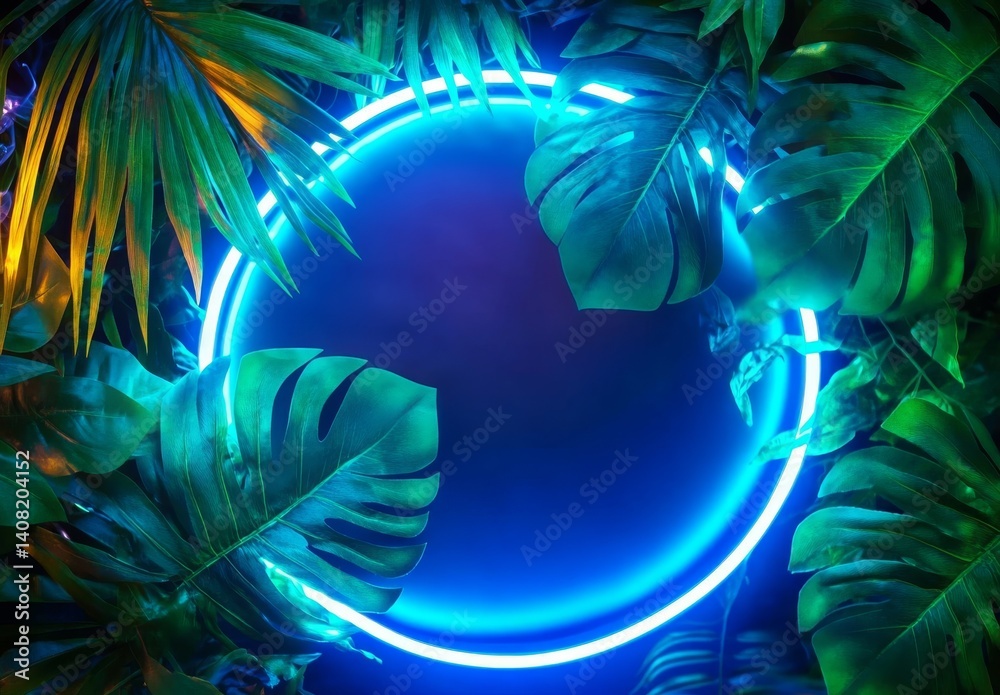 Fototapeta premium Neon Circle Tropical Leaves Background, vibrant, glowing, frame, design, mockup Tropical Background, Neon Light