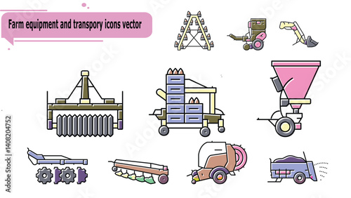 Farm equipment and transpory icons vector