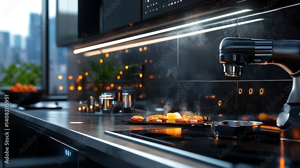 Advanced kitchen with robotic arm cooking and serving food high resolution picture