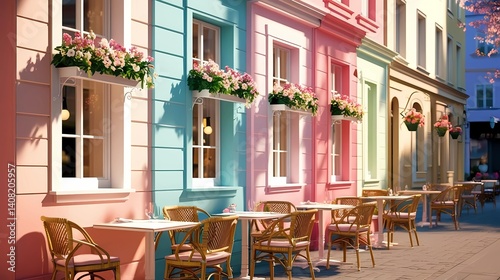 Charming outdoor street cafe with colorful buildings and flower boxes,