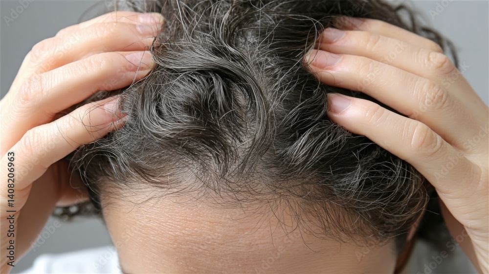 Naklejka premium Irritated red scalp with flaky patches and curly black hair in close-up view
