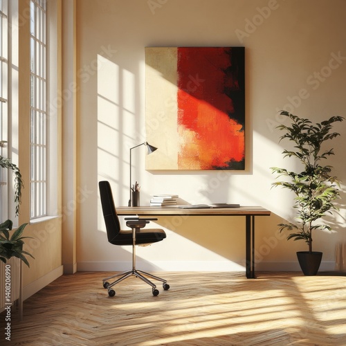 Sunlit Minimalist Home Office with Abstract Art, Wooden Desk, Office Chair, Interior Design, Modern Workspace Home office, Interior design