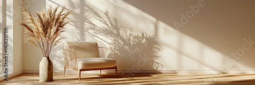 Sunlit Minimalist Room Beige Armchair, Pampas Grass, Golden Hour Composition, Interior Design, Home Decor Interior design,Minimalist