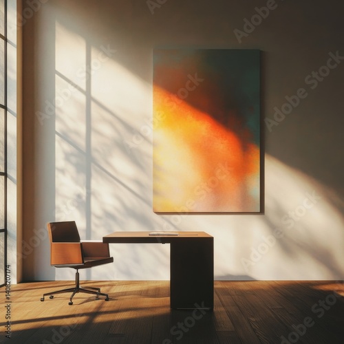 Sunlit Office with Abstract Artwork Desk, Chair and Warm Hues, minimalism, interior design