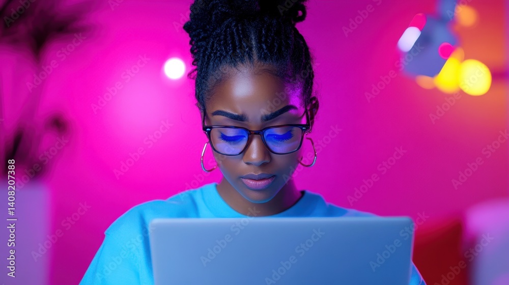 A focused young woman wears glasses while typing on her laptop in a well-lit and colorful workspace. The ambient lighting features shades of pink and blue, creating a modern atmosphere
