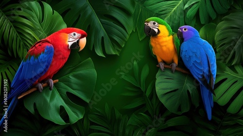 Obraz na płótnie Three vividly colored parrots sit on branches surrounded by lush green leaves in a vibrant rainforest. The setting reflects the diversity of tropical wildlife w salonie