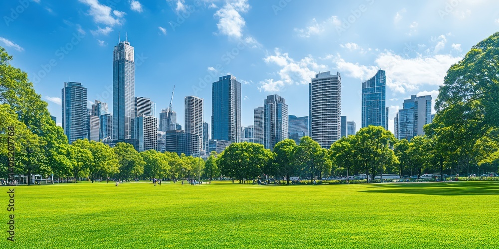 Fototapeta premium Urban Oasis: Skyscrapers and Lush Greenery
