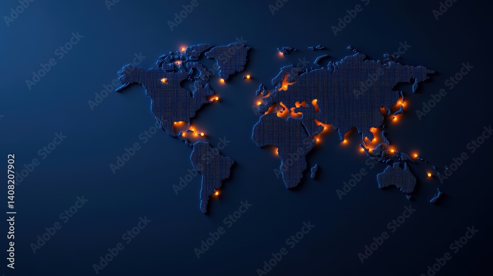 A dark blue map of the world displays glowing orange lights marking major cities and technology hubs, illustrating global digital connectivity