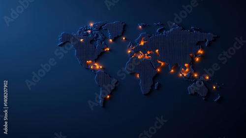 Obraz na płótnie A dark blue map of the world displays glowing orange lights marking major cities and technology hubs, illustrating global digital connectivity w salonie