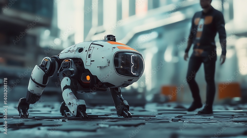 AI powered robotic dog exploring high tech urban streets at night image