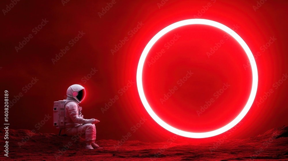 An astronaut in a white space suit sits on a desolate terrain, staring into a large glowing red circle against a bright red background. The atmosphere feels otherworldly and quiet