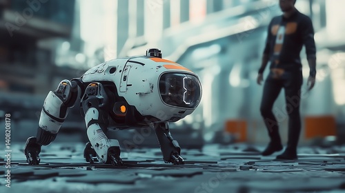 Obraz na płótnie AI powered robotic dog exploring high tech urban streets at night image w salonie