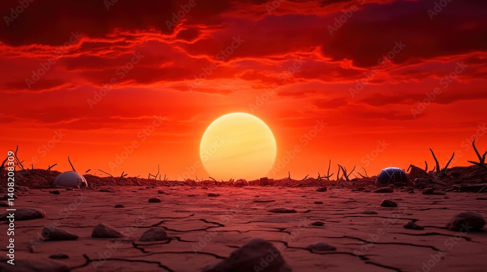 A stunning sunset casts a warm orange glow over a dry, cracked terrain. Silhouetted structures sit quietly in the foreground, emphasizing the desolate beauty of the landscape at dusk