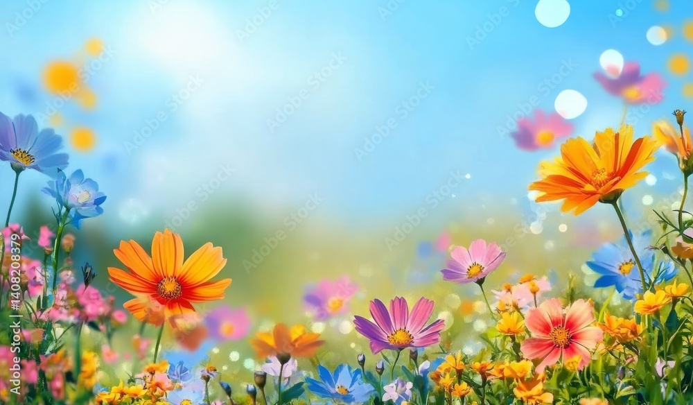 Obraz premium Vibrant Spring Meadow Colorful Cosmos and Flowers, Soft Focus, Sunny Day, Floral Background, Nature Photography Keywords Spring Flowers, Floral Wallpaper