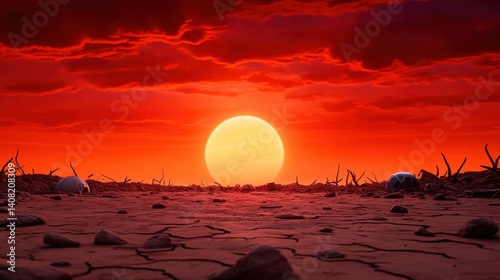 Obraz na płótnie A stunning sunset casts a warm orange glow over a dry, cracked terrain. Silhouetted structures sit quietly in the foreground, emphasizing the desolate beauty of the landscape at dusk w salonie
