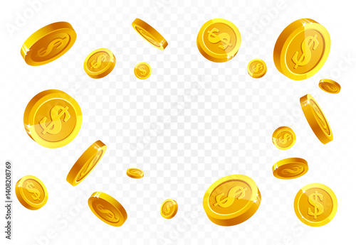 Realistic gold coins. Golden coins explosion backdrop, casino jackpot cash money concept, shiny 3D gold treasure vector background illustration. Precious prize in casino, having luck. Vector 10 eps.
