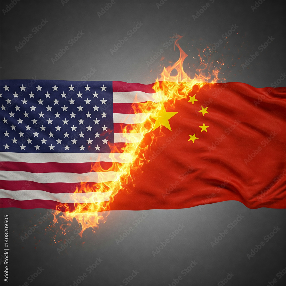 America versus China. The American flag and the Chinese flag with flames between them