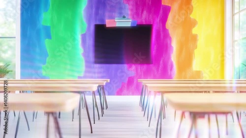 Students engage in discussion and collaboration in a vibrant classroom with innovative design and colorful walls during the learning activity