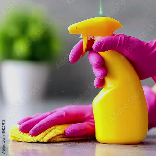 Cleaning a kitchen counter with a spray and cloth while wearing rubber gloves during daytime