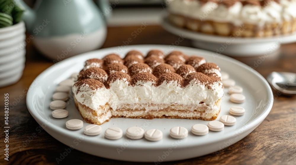 Neatly arranged stevia tablets surrounding diabetic-friendly tiramisu dessert