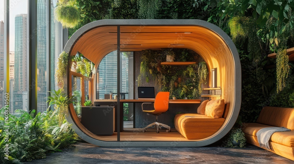 Fototapeta premium Biophilic Office Pod: Modern Workspace in Urban Oasis