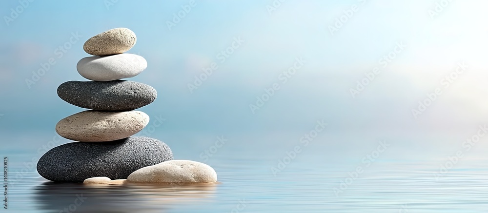 Fototapeta premium Stones meticulously stacked on water’s edge under a clear sky, symbolizing equilibrium and patience. Applied in mindfulness apps, art exhibitions, or nature photography. 
