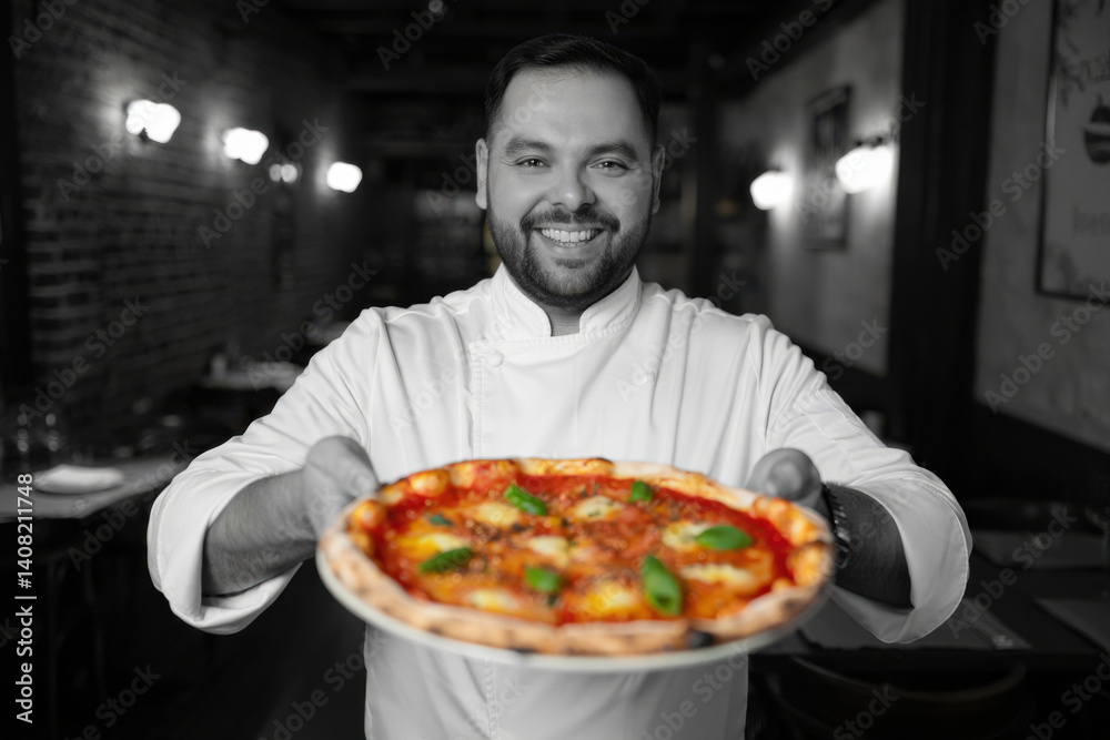 Smiling chef presenting freshly baked pizza in cozy restaurant, evening ambiance, culinary delight concept Smiling chef presenting freshly baked pizza in cozy restaurant, evening ambiance, culinary delight concept