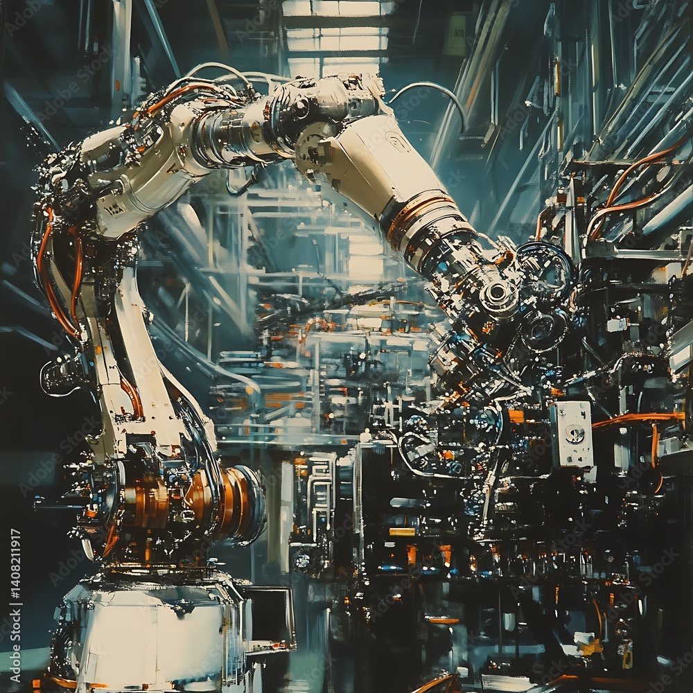 Automated cooking robot plating meal in futuristic kitchen environment high resolution picture
