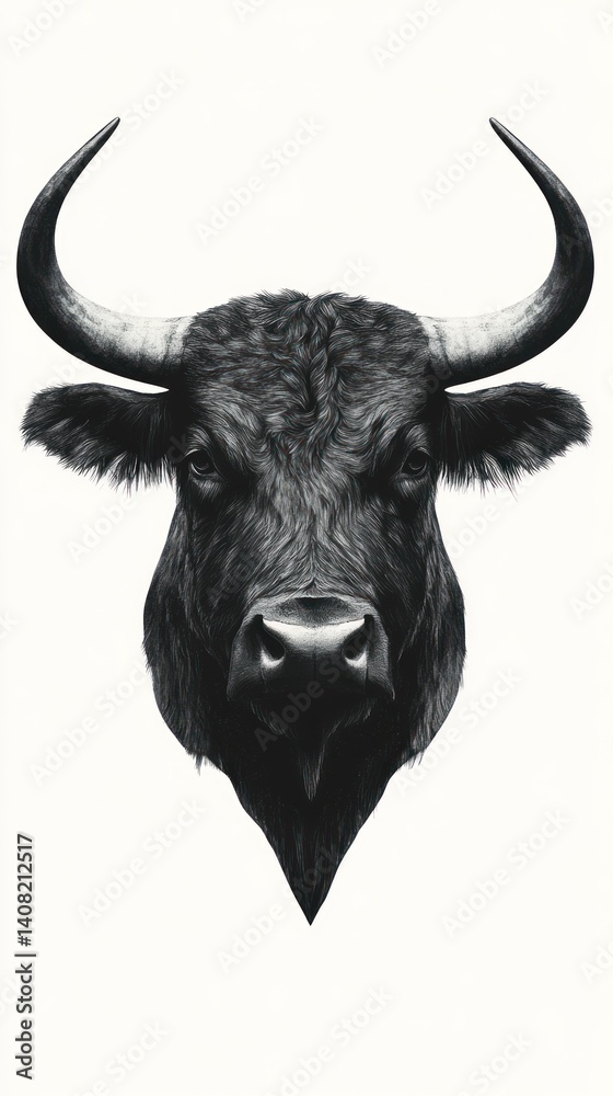 Naklejka premium A detailed black and white illustration of a bull's head.