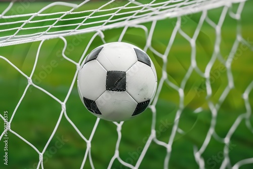 Goal. Soccer ball in a net on a stadium background. Football ball in goal net on a stadium background. Goal. Soccer Football Concept with copy space. Sport concept with copy space.