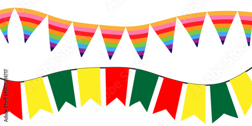 Colorful bunting flags with Confetti and ribbons for birthday, celebration, carnival, anniversary and holiday party on white background. festival and bright decoration. Vector illustration. eps10 1111