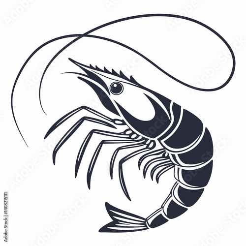 A stylized, black and white illustration of a shrimp. The shrimp is depicted in a profile view, facing to its left, with its body oriented diagonally across the image.  generative ai .