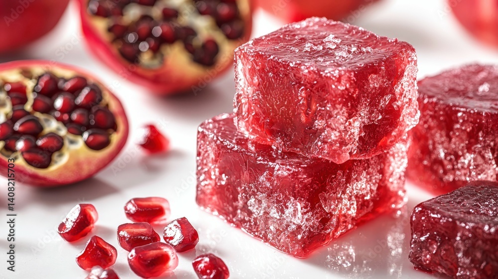 Delicious close-up view of sugar-free pomegranate jelly with vibrant red tones Delicious close-up view of sugar-free pomegranate jelly with vibrant red tones
