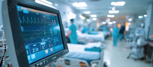 Wallpaper Mural ICU medical monitor displaying ECG waves and vital signs. Critical for healthcare training, medical dramas, or hospital documentation.  Torontodigital.ca