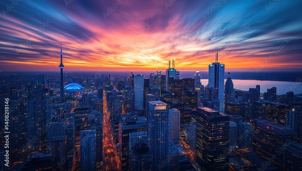 Fototapeta premium Toronto Skyline Sunset: A Vibrant Cityscape at Dusk