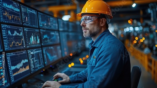 A technician monitors data from several screens in a factory setting