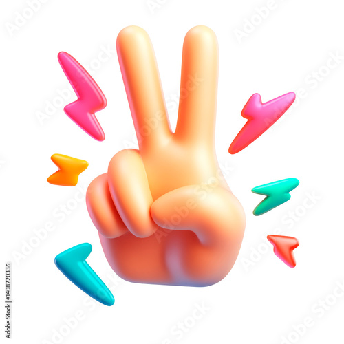 3D icon of a hand showing the peace sign. 3D style hand making the peace sign in bright colors and simple shapes on a transparent background.