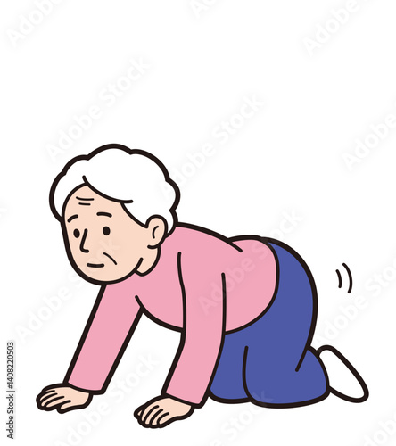 四つん這いでハイハイするおばあさんの教材タッチのベクターイラスト(Educational-style vector illustration of an elderly woman crawling on all fours)