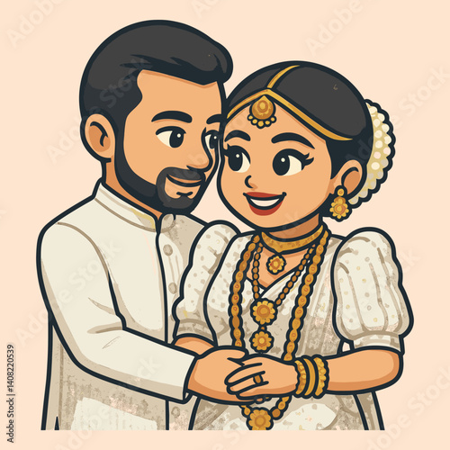 Cute happy Sri Lankan wedding couple in a romantic pose vector cartoon