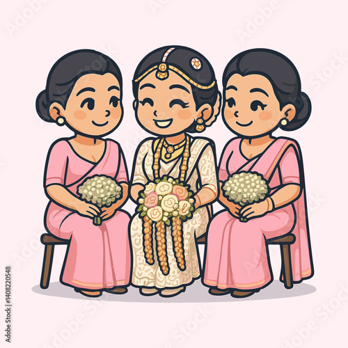 Cute smiling bride with her bridesmaids vector cartoon