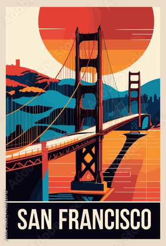 Retro travel poster of San Francisco featuring the iconic Golden Gate Bridge, showcasing the city's stunning skyline and scenic beauty in vibrant, nostalgic colors	
